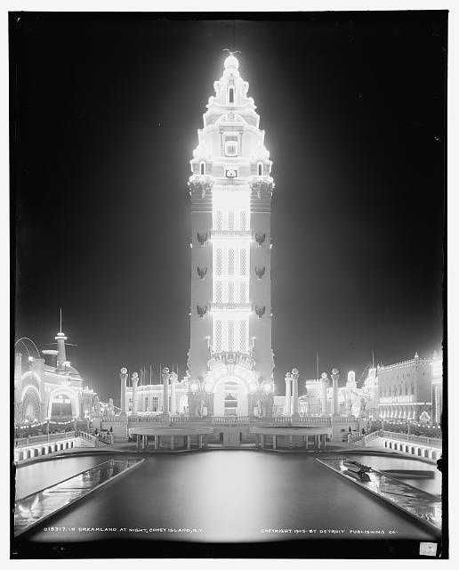 Dreamland's majestic tower at night circa 1905 - Courtesy of the Library of Congress. 